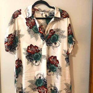 DR2 White Floral Button-Up Blouse with Teal and Red Blooms